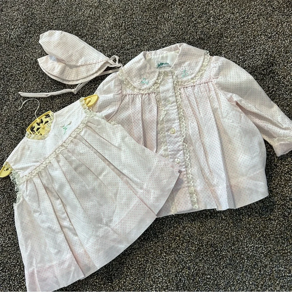 Vintage 70s 80s Tiny Tots Originals 3 piece set pink coat dress bonnet toddler